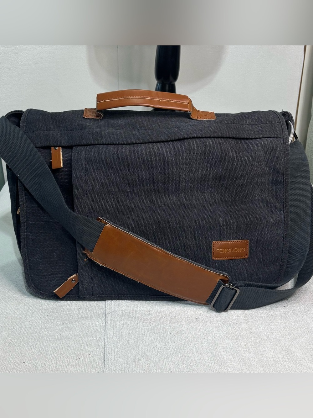Black Canvas & Brown Leather Trim Messenger Bag FENGDONG